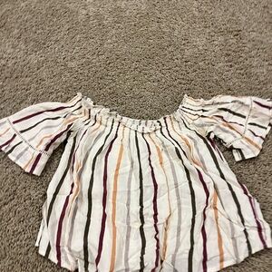 Ardene White Off-Shoulder Top with Burgundy, Olive & Peach Stripes